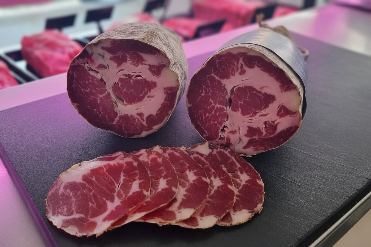 Trancio di Capocollo di Martina Franca artigianale, salume tipico pugliese marinato nel vino vincotto e affumicato.