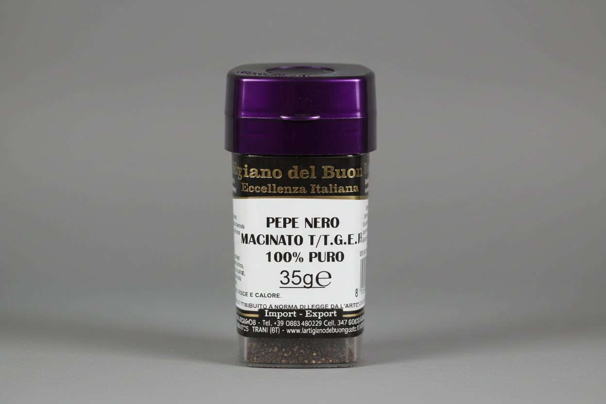 Confezione di pepe nero macinato G.E.B. di alta qualità per condire carni e piatti gourmet.