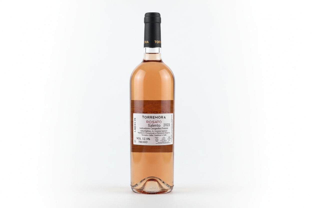 Rosato del Salento 2023 wine bottle with label detailing its geographic origin and alcohol content.