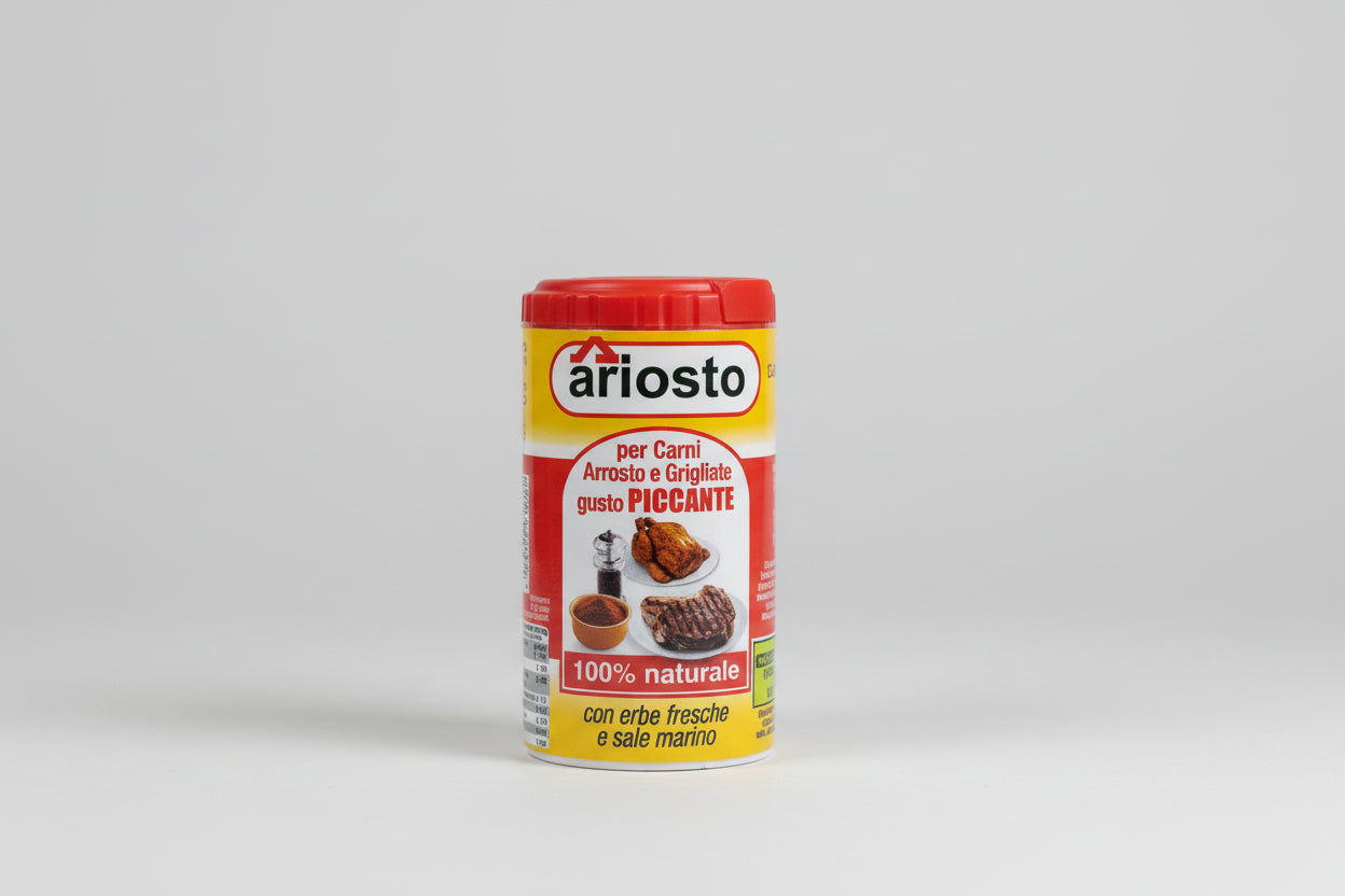 Confezione di insaporitore Ariosto per carni ai ferri e arrosto, variante piccante.