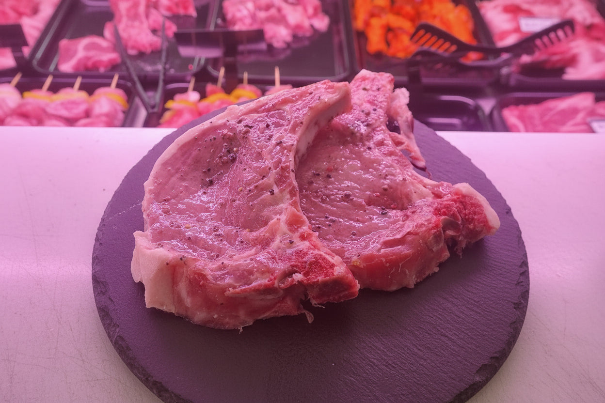 Costate di suino fresco marinate con grani di pepe rosa, pronte per la cottura in padella o alla brace.