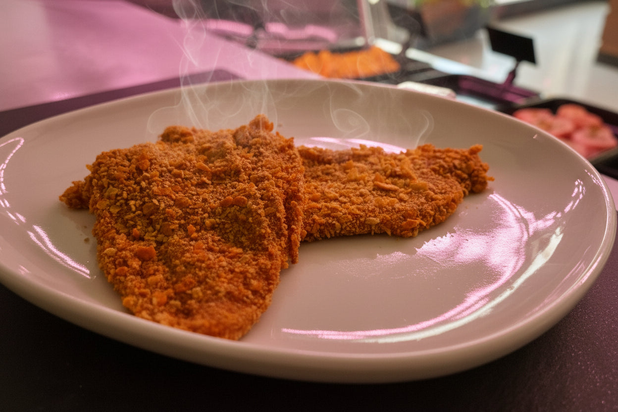 Cotolette di petto di pollo Fileni linea Club dei Galli con panatura dorata e croccante.