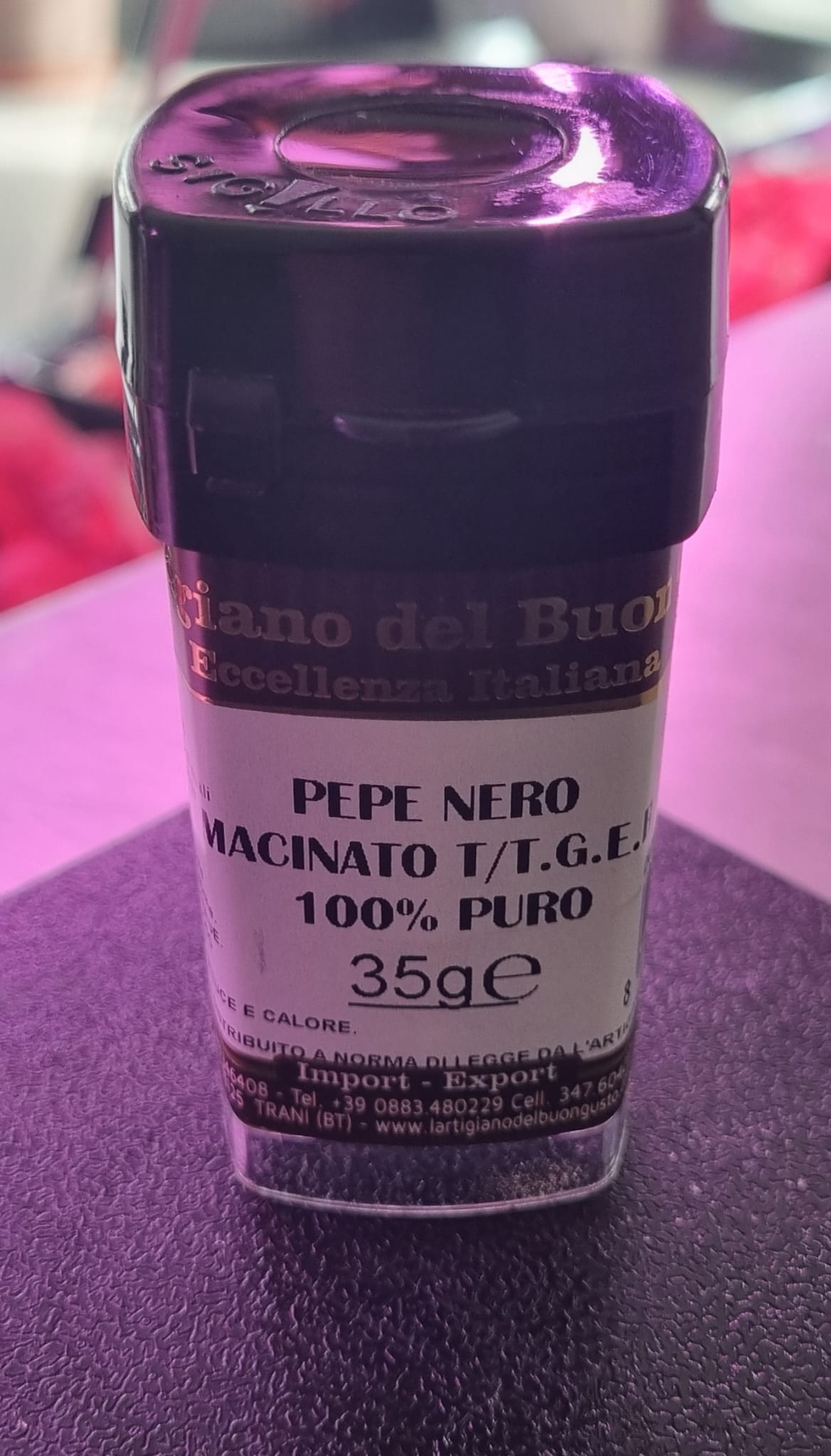 Pepe nero macinato T/T G.E.B. 100% puro in a 35g bottle, Italian black pepper for cooking and seasoning.